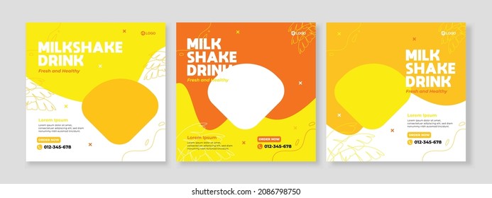 Set of three wavy memphis background of milkshake drink promotion banner social media pack template premium vector