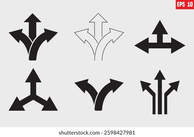 Set of three way direction arrow icon. pointing in different directions, fork or turn. arrow sign, road direction vector. Three Way black Arrow flat vector illustration isolated on white background