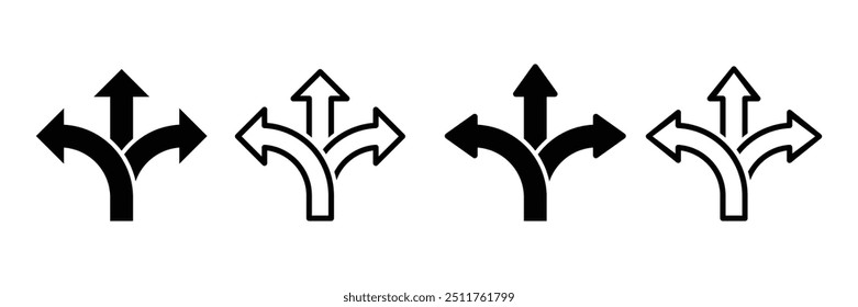 Conjunto de coleção de ícones direcionais de três vias. Símbolo de estrada, direção, seta ramificada. Ilustração de vetor.