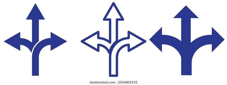 Set of Three way directional icon collection. Road, direction, branching arrow symbol. Vector Illustration.
