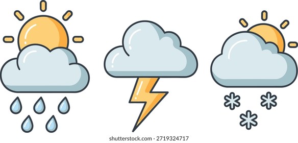Un conjunto de tres íconos de Clima con un sol asomándose desde detrás de las nubes con varias condiciones de Clima, incluyendo lluvia, rayos y nieve, representados en un colorido estilo de dibujos animados