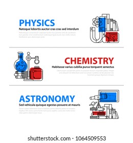 Set of three web banners about education and college subjects in flat illustration style on colorful background. Physics, chemistry and astronomy.