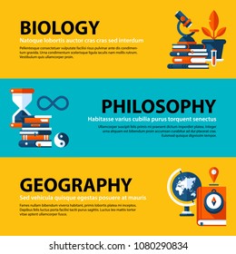 Set of three web banners about education and college subjects in flat illustration style on colorful background. Biology, philosophy and geography.