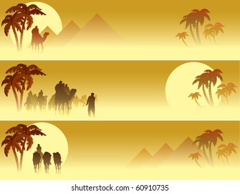 Set of three web banners: Camel caravan going through the desert