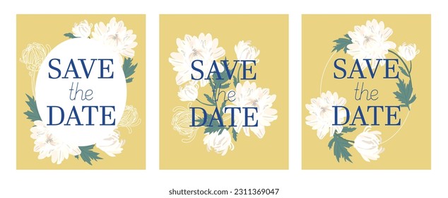 Set of three wedding cards with white Chrysanthemum on a ocher background. Save the date text with flowers.