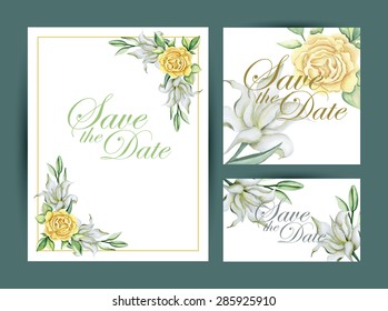 Set of three wedding invitations or cards. Watercolor hand drawing. Vector illustration