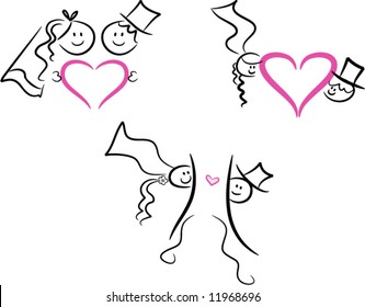 Set of three wedding/marriage/love icons in line-art style, showing a happy bride and groom (vector)