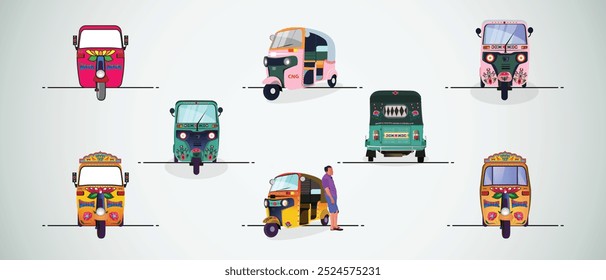 Conjunto de três rodas autoriquixá ilustrações da Índia. com tinta riquixá sobre ele. visão frontal de tuk-tuk