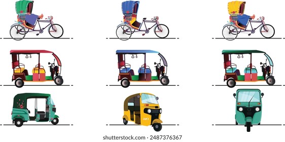 Set of Three wheelers yellow and green auto rickshaw, Tuk tuk Indian rickshaw, side view illustrations in India