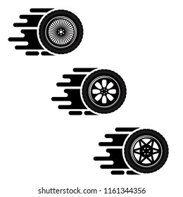 Set of three wheels with tire tracks silhouettes