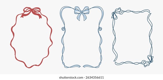 Set Of Three Whimsical Blue Colored Watercolor Hand Drawn Frames Ribbon Bow For Wedding Birthday  Invitations Bridal Baby Shower Retro Vintage Printable Vector Design