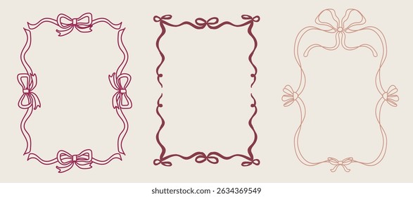 Set Of Three Whimsical Curly Red Pink Baroque Lined Frame Bow For Wedding Birthday Invitations Bridal Baby Shower Retro Vintage Printable Vector Design