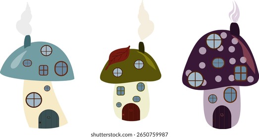 Set of three whimsical mushroom house vector clip arts in various colors and styles. Ideal for fantasy themes, fairy tales, children's books, and creative design projects.