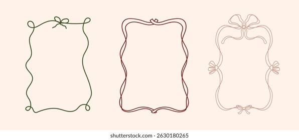 Set Of Three Whimsical Vintage Aesthetic Rectangular Frames And Ribbon Bows Elegant Outlined Hand Drawn Doodle Different Colors Vector Design