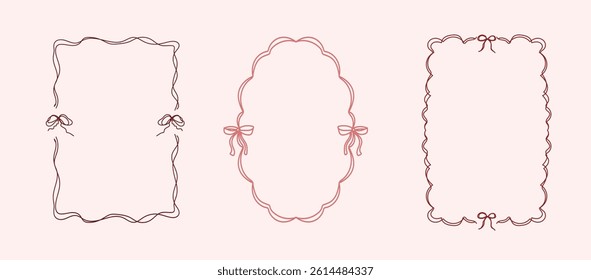 Set Of Three Whimsical Vintage Frames And Ribbons Bow Elegant Outlined Hand Drawn Doodle Pastel Pink And Red Colors Vector Design