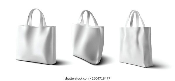 A set of three white 3d bags displayed from different angles, each with subtle shadows and isolated on a white background. The clean and minimalistic design makes these bags ideal for branding. Vector