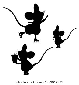 Set of three white and black silhouette figures of rats or mouses on ice skating and with Christmas gift as symbol of new year