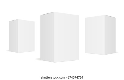 Set of three white blank boxes isolated. Mockup for design or branding. Vector illustration
