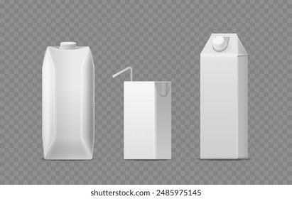 Set Of Three White Blank Cartons For Milk And Juice Packaging Includes Different Sizes And Styles. 3d Vector Mockups