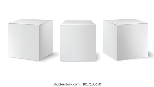 Set of three white boxes positioned at different angles. Realistic. 3D mockup product placement. Vector