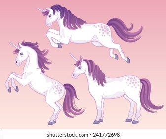 A set of three white cartoon unicorns with pink and purple manes and tails.