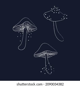 A set of three white contours of very cute magic mushrooms on a dark background with fabulous glowing lights. Hand drawn vector illustration