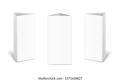 Set of three white empty tent cards made of paper for the table in different views, isolated realistic vector illustration.