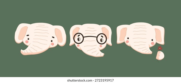 Conjunto de tres elefantes de Vector dibujados a mano aislados blancos o rosados. Estilo plano de la historieta para las tarjetas, invitación, libros de aprendizaje de la escuela