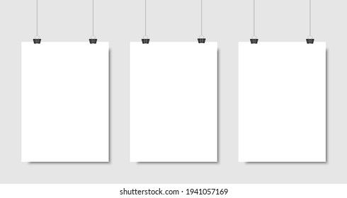 Set of three white realistic blank paper pages with shadow. Three empty paper sheets or blank pictures canvas hanging on wall. Design poster, template or mockup on gray background. Vector illustration