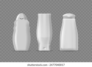 Conjunto De Tres Botellas De Champú Blanco Aisladas Sobre Fondo Transparente. Las Maquetas Realistas De Vector 3D Varían En Forma