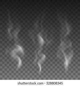Set of three white smoke waves. Isolated on black transparent background. Vector illustration, eps 10.