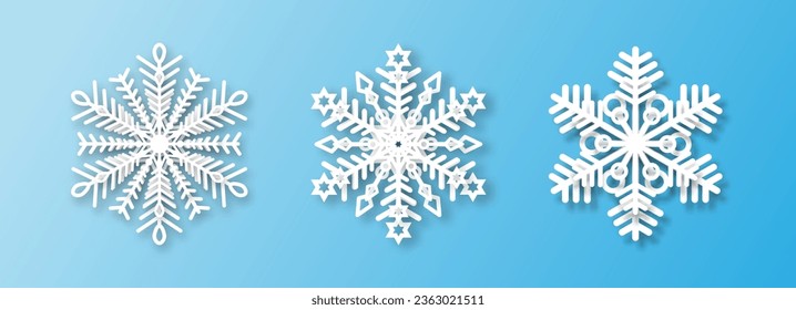 A set of three white snowflakes on a blue background. The element of Christmas and New Year. The symbol of winter. Vector illustration.