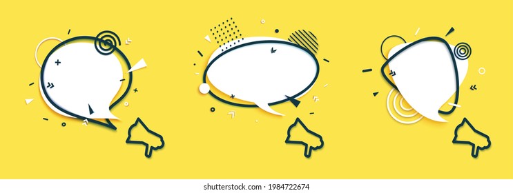 Set of three white speech bubbles and outline black megaphones in paper cut art. Retro style banner with geometric shapes on yellow background. Vector sticker with place for promotion text, sale ad