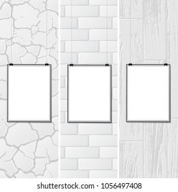 Set of three white textured backgrounds with cracks, wood and bricks. With three white placards and shadows