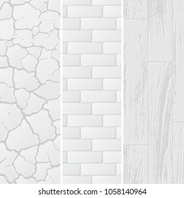 Set of three white textured backgrounds with cracks, wood and bricks