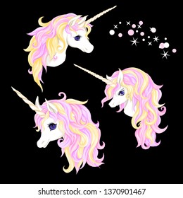 Set of three white unicorn head with multycolor mane, shine stars isolated on black  background. Vector illustration. 