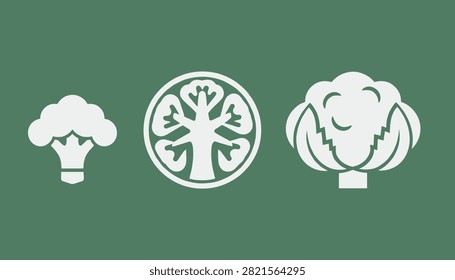 Set of three white vector icons representing broccoli, a round tree emblem, and a cabbage on a solid green background.