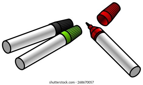 A set of three whiteboard/permanent markers with white barrels.
