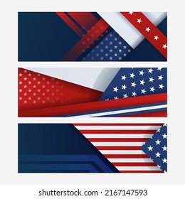 Set of three wide banner background for Fourth of July Independence Day. US flag with 4th of July on blue background. Vector illustration
