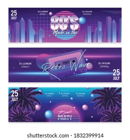 Set of three wide horizontal realistic retro wave party banners with neon artwork and editable text vector illustration