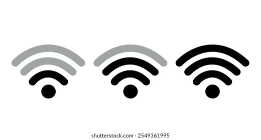 Conjunto de três ícones Wi-Fi em preto e cinza com diferentes intensidades de sinal.