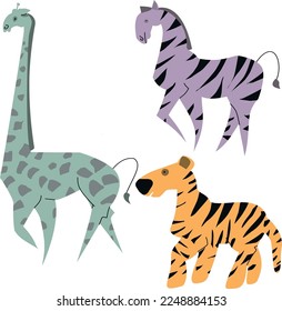 Set of three wild animals: Giraffe, tiger and zebra