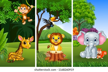 Set of three wild animals with nature background