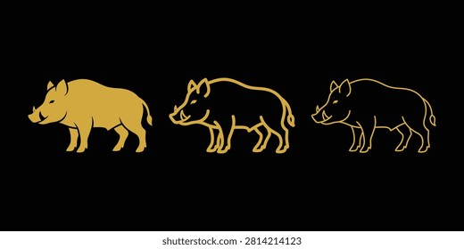 Set of three wild boar figures in gold outline and frame freepik designs