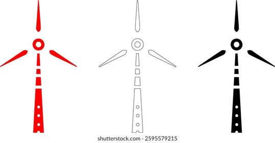 Set of three Wind Turbine red black and outline isolated on transparent white background