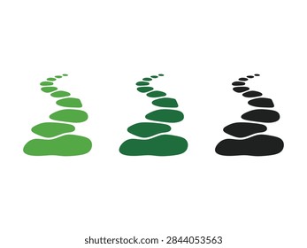 A set of three winding paths created from stepping stones shown in perspective with green and black color variations on a white background