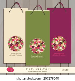 Set of three Wine Gift Bags on wood. Red, white & any wine or spirit present bag design. Circle decorative banner. Vector Editable. Seamless Pomegranate pattern is complete, masked. Fruit icon  