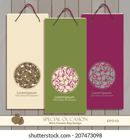 Set of three Wine Gift Bags on wood. Red, white & any wine or spirit present bag design. Circle decorative banner. Vector Editable. Seamless Pomegranate pattern is complete, masked. Fruit icon 