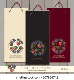 Set of three Wine Gift Bags. Red, white & any wine or spirit present bag design. Circle decorative banner with exotic tropical motif. Tropical pattern masked. Vector Editable. Tropical leafs icon.  