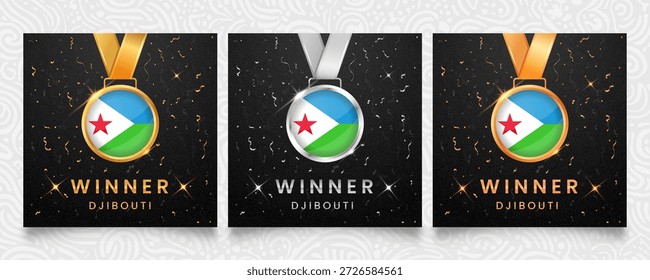 Conjunto de três medalhas vencedoras com cores da bandeira de Djibuti. Exibido em um plano de fundo escuro com detalhes em confetes dourados e prateados e realces brilhantes. Ilustração vetorial.